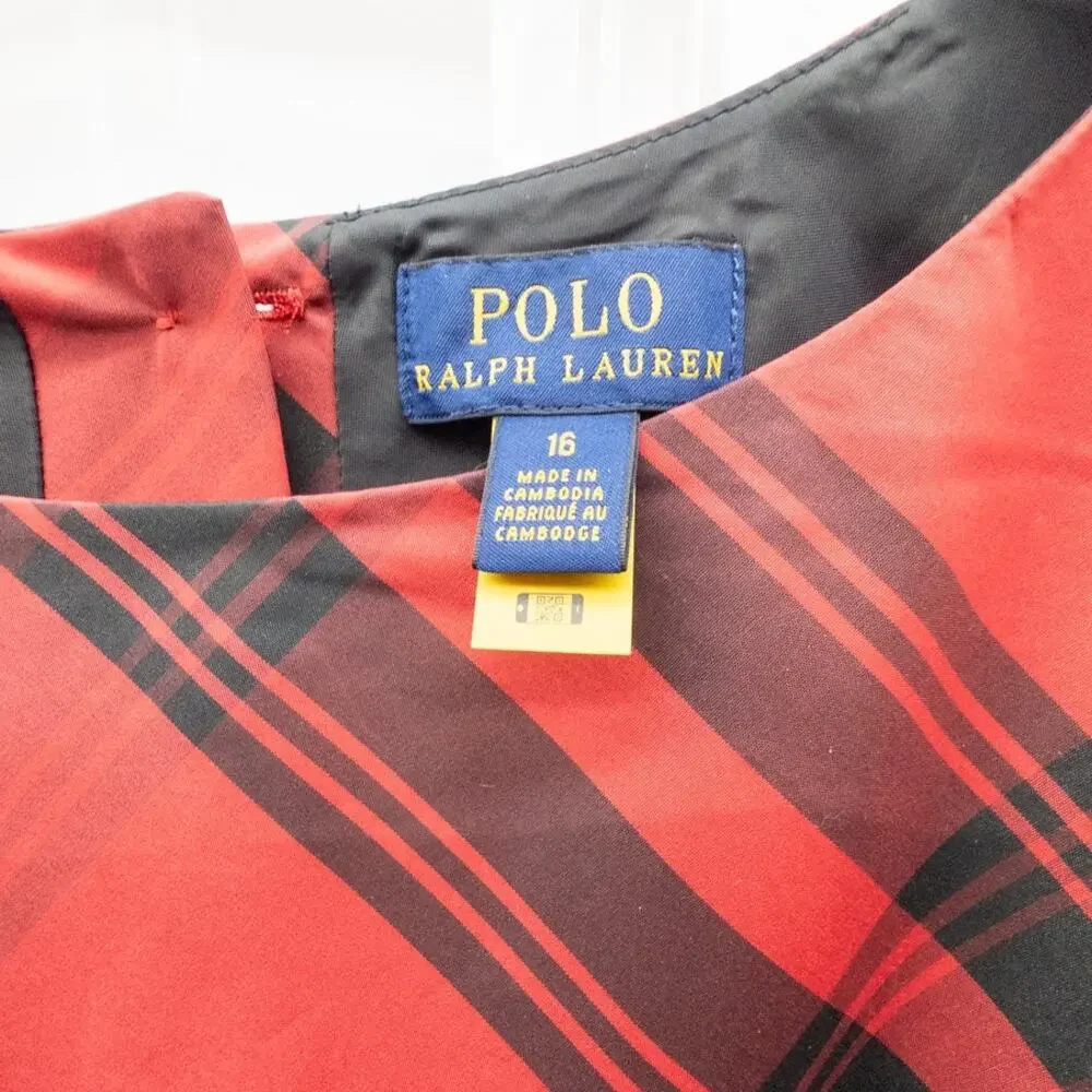 Polo Ralph Lauren Plaid Taffeta Dress Girls 16 Red Black Sleeveless Fit Flare